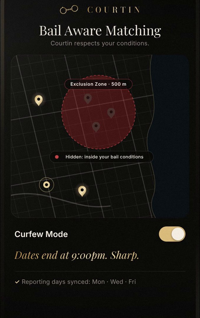 Bail Aware Matching: a map with a 500 metre exclusion zone and Curfew Mode switched on
